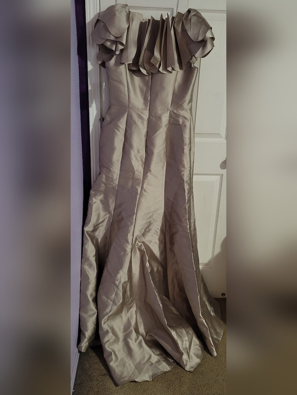 Rene Ruiz Champagne Satin Mermaid Maxi Skirt with Ruffled Neckline - Picture 6 of 8